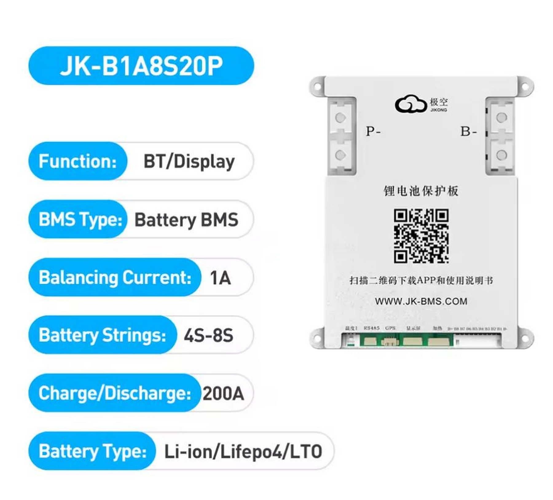 Смарт BMS JiKong Lifepo4 Li-ion JK-B1A8S20P 3s-8s 200А 1A
