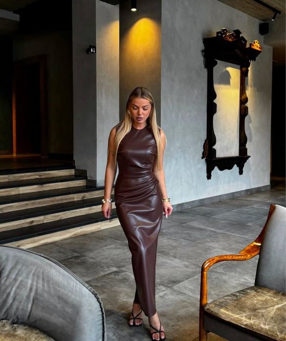 Жіноча сукня з еко шкіри/ жіноча сексуальна сукня/ довга сукня шкіряна