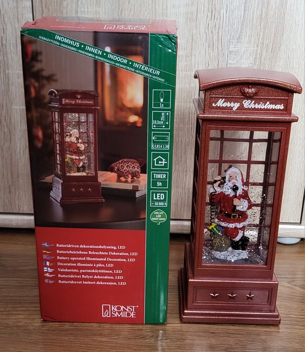 Budka telefoniczna ze św. Mikołajem 25cm LED na baterie czerwona