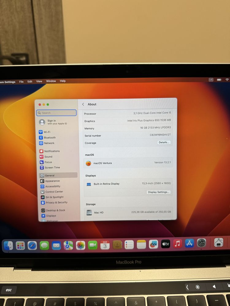 Macbook pro 13 2017 core i5 3.1ghz 16/256gb touchbar