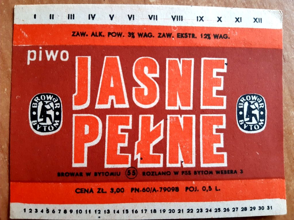 Etykieta piwa jasne pełne z Browaru Bytom