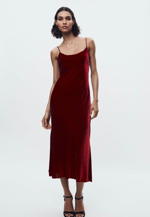 Sukienka Zara suknia L aksamitna długa slip dress czerwone wino wiśnia