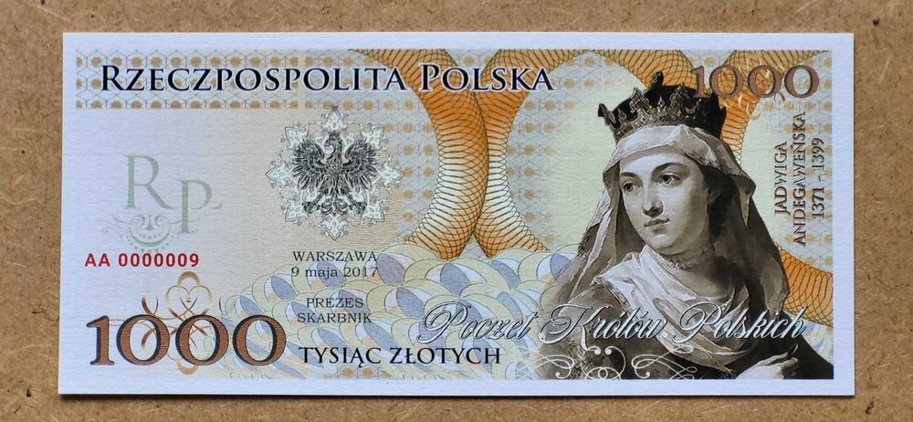 Banknot 1000zł Jadwiga Andegaweńska 2017r AA000009 nakład 50szt.