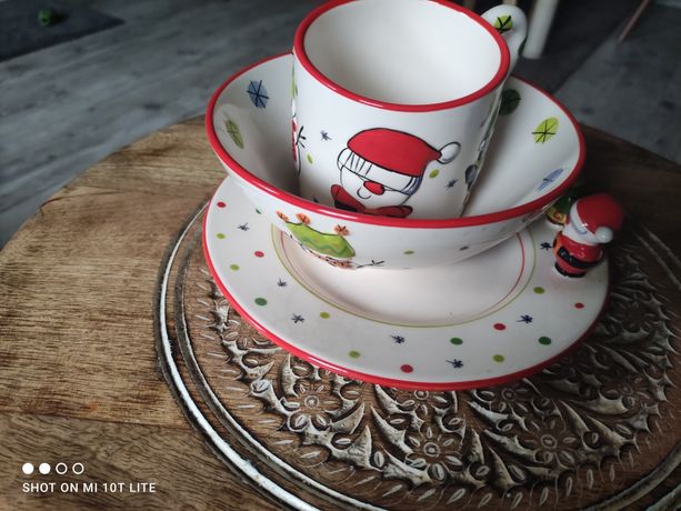 Ceramiczny zestaw świąteczny mikołaj dla dziecka kubek talerzyk misec