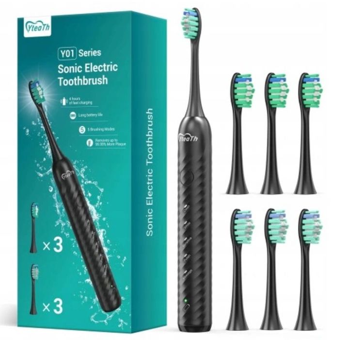 YTEATH PRO Szczoteczka soniczna dla dorosłych 6 Głowic Czarna