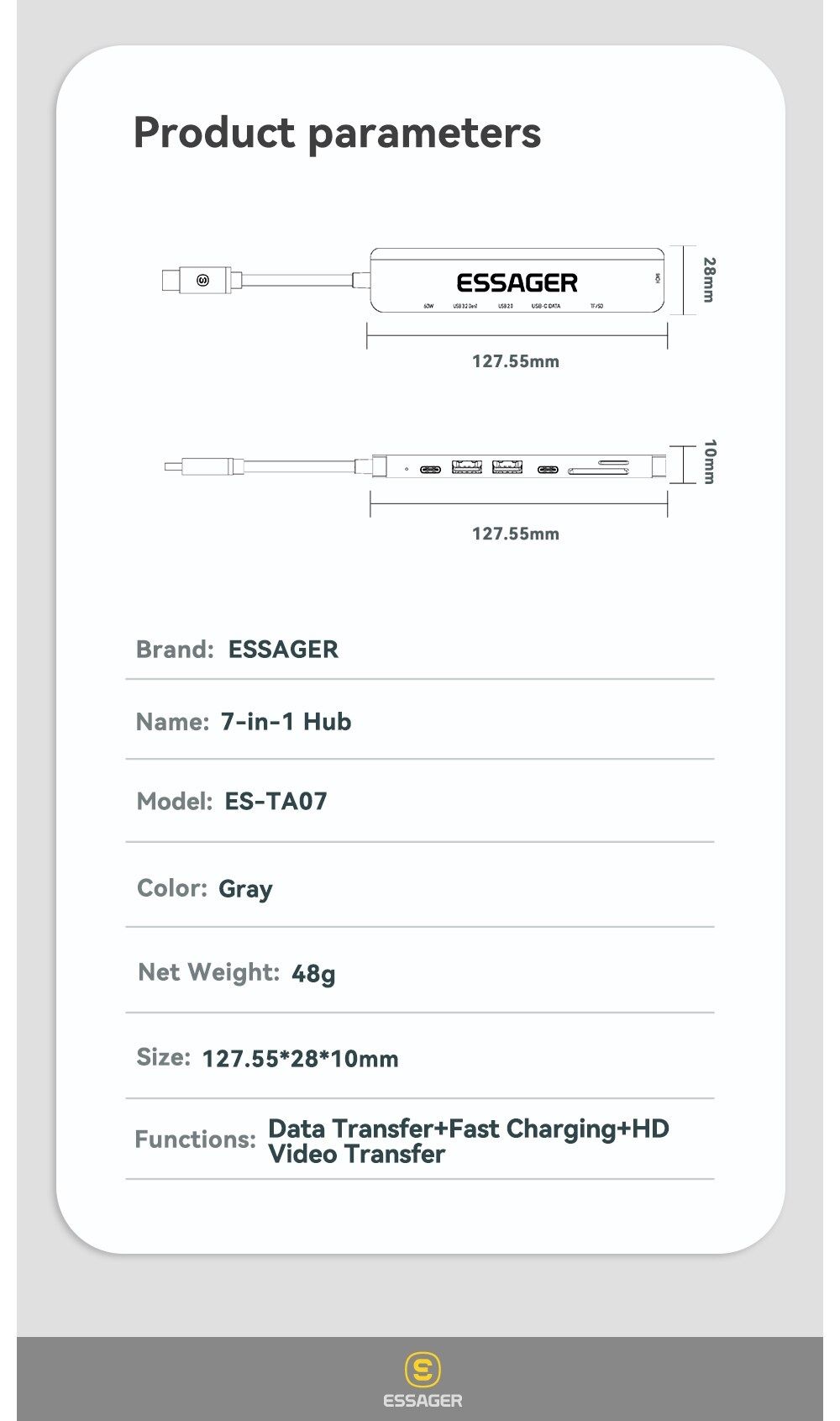 USB-концентратор ESSAGER 7 in 1, HDMI 4K, карт-ридер, SD,TF, HDMI, hub