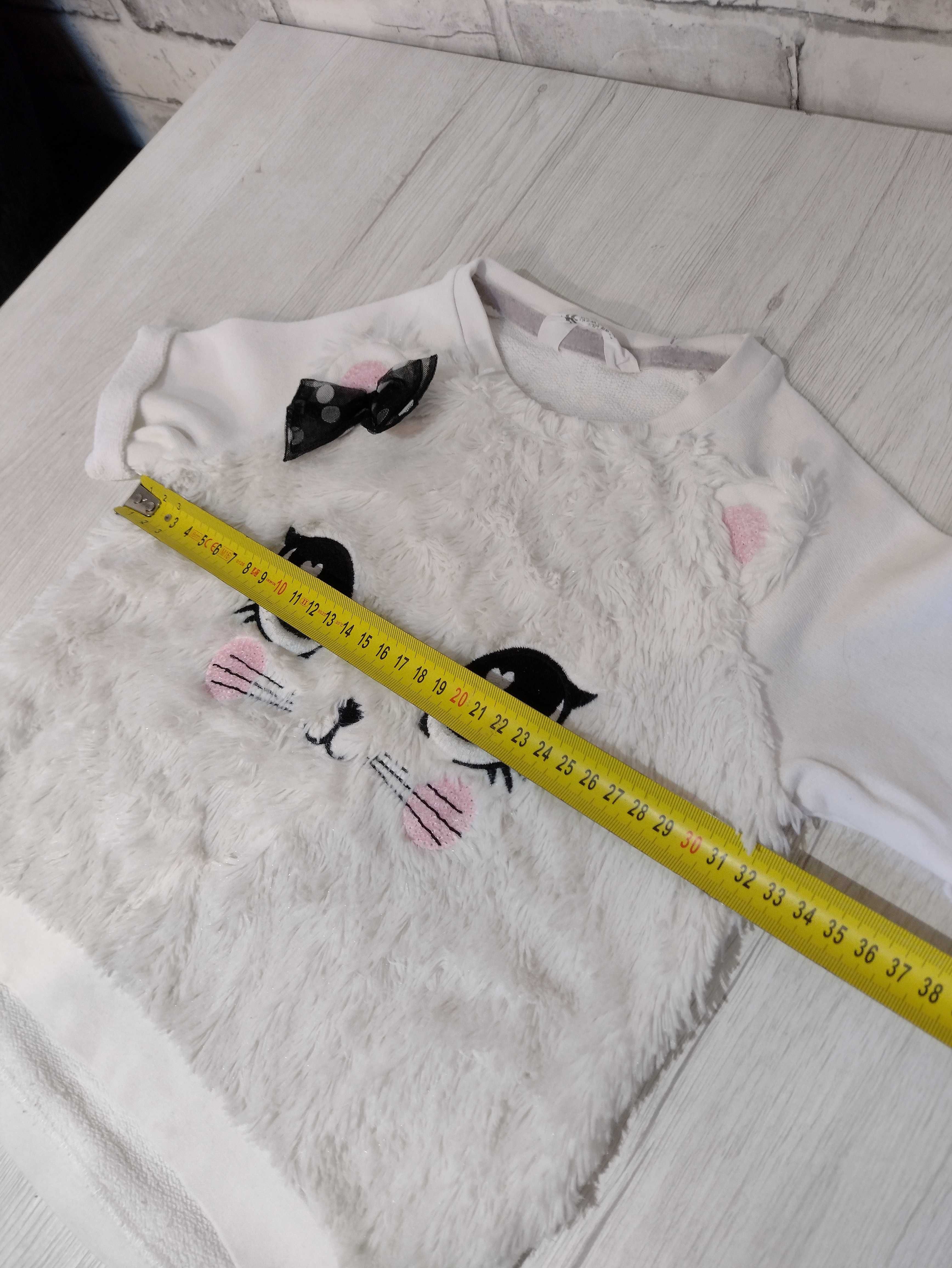 H&M puchata biała bluza 98/104 kotek z kotkiem oczka uszy oczy kocie