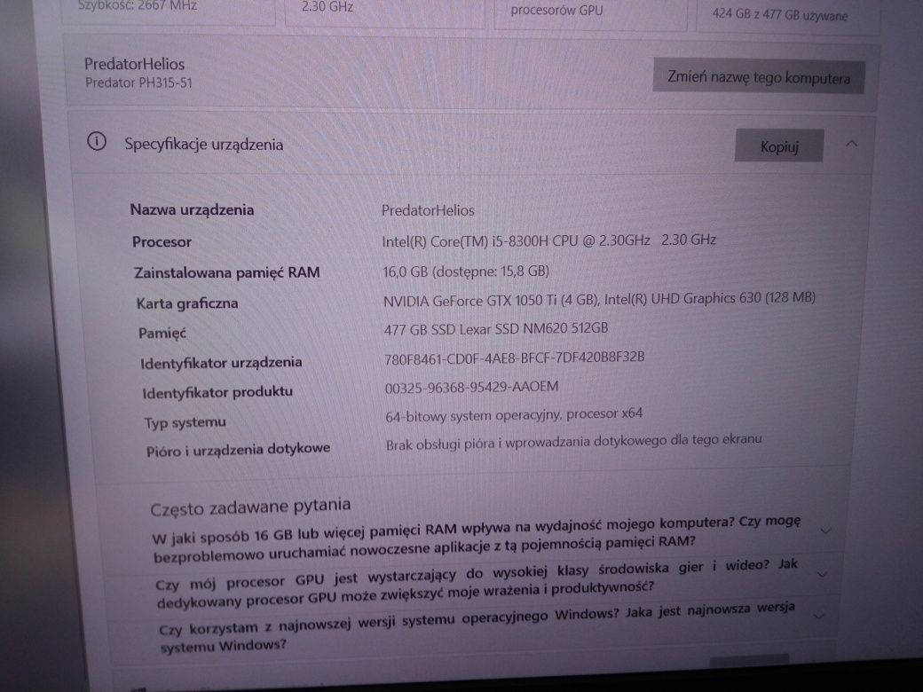 Laptop gamingowy Predator Helios