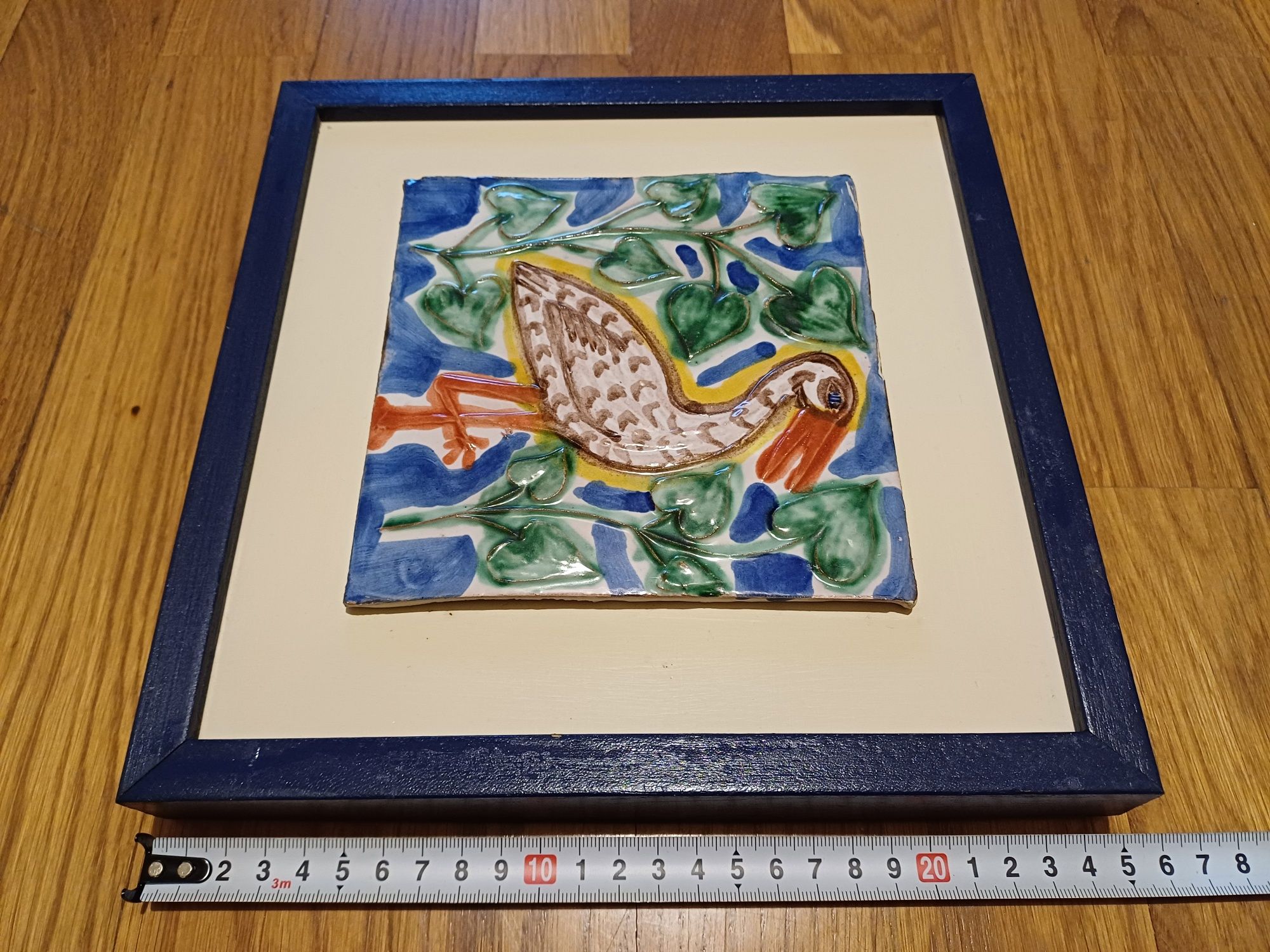 2 quadros de arte/pintura em azulejo (garça e peixe)