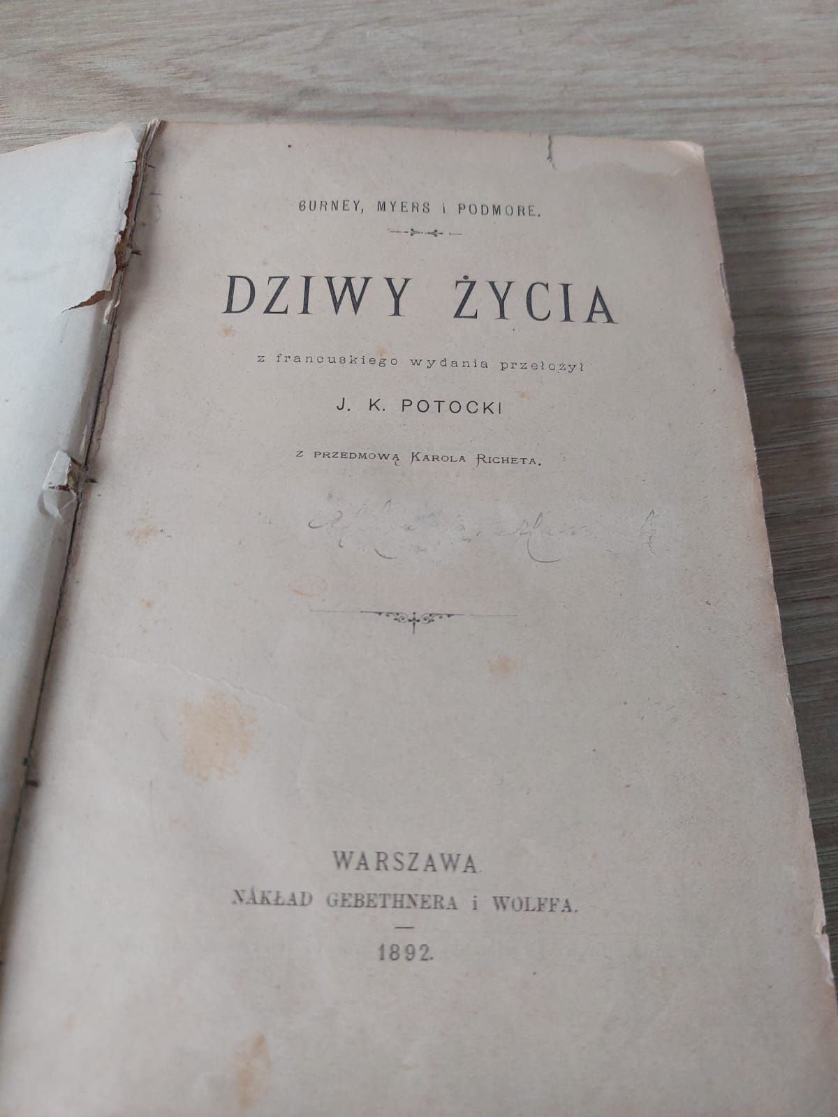 Książka Gurney, Myers,  Dziwy życia 1892 Warszawa