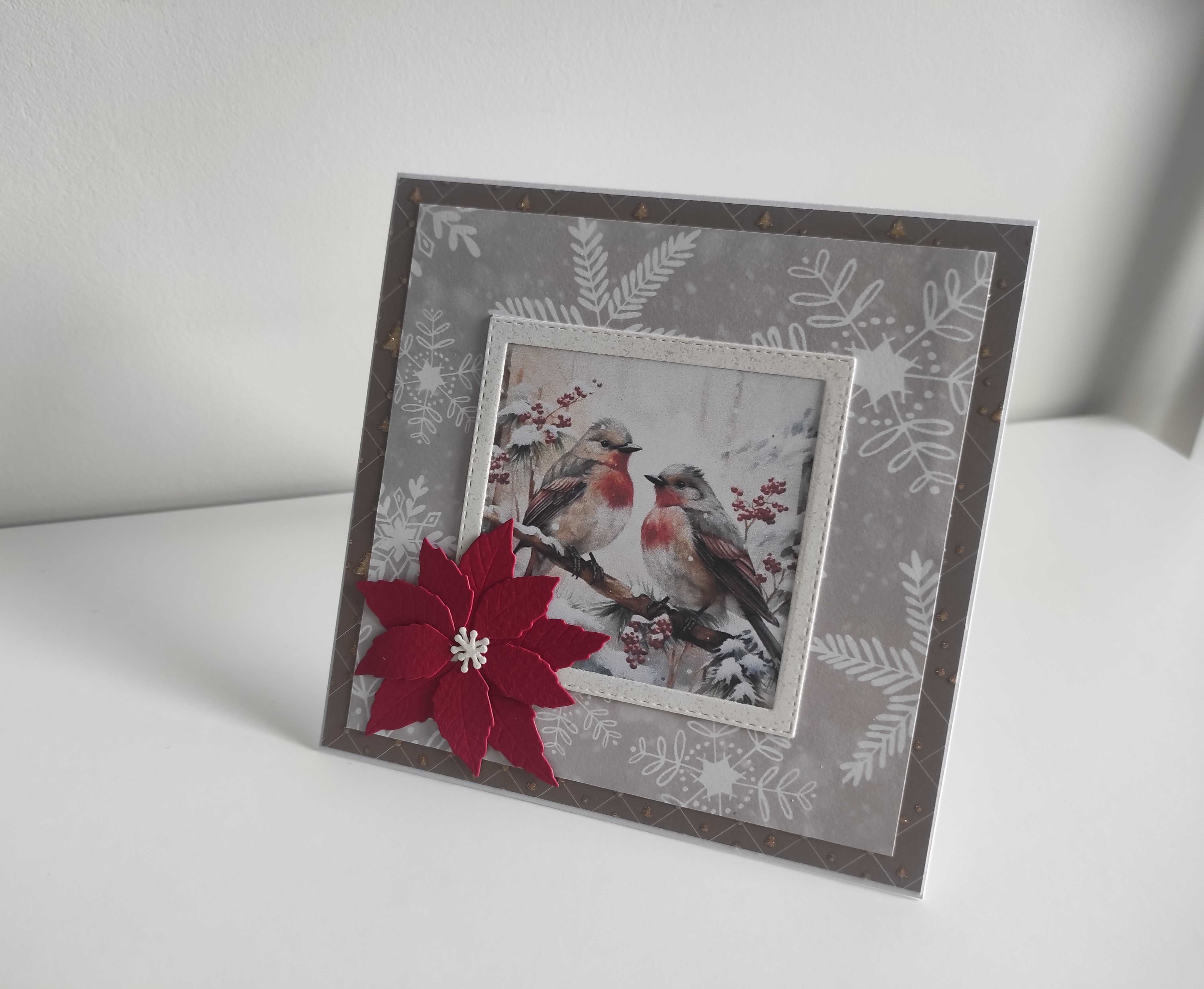 Kartka ręcznie robiona bożonarodzeniowa handmade ptaszki zimowe