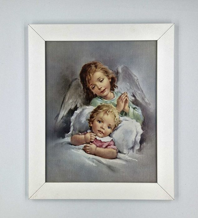Obraz dziecko oraz Anioł Stróż, bała rama, obraz do zawieszenia