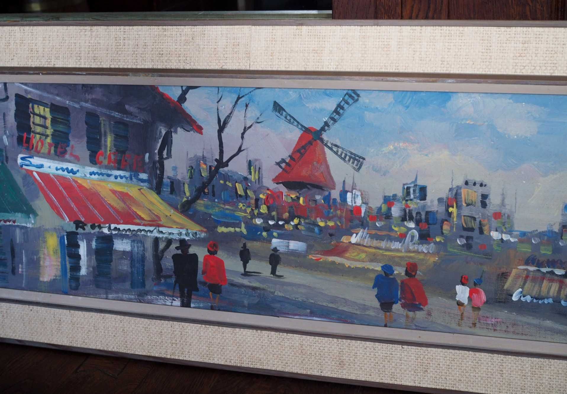 Sygnowany obraz VINTAGE na płótnie. Paryż, Moulin Rouge. Panorama.