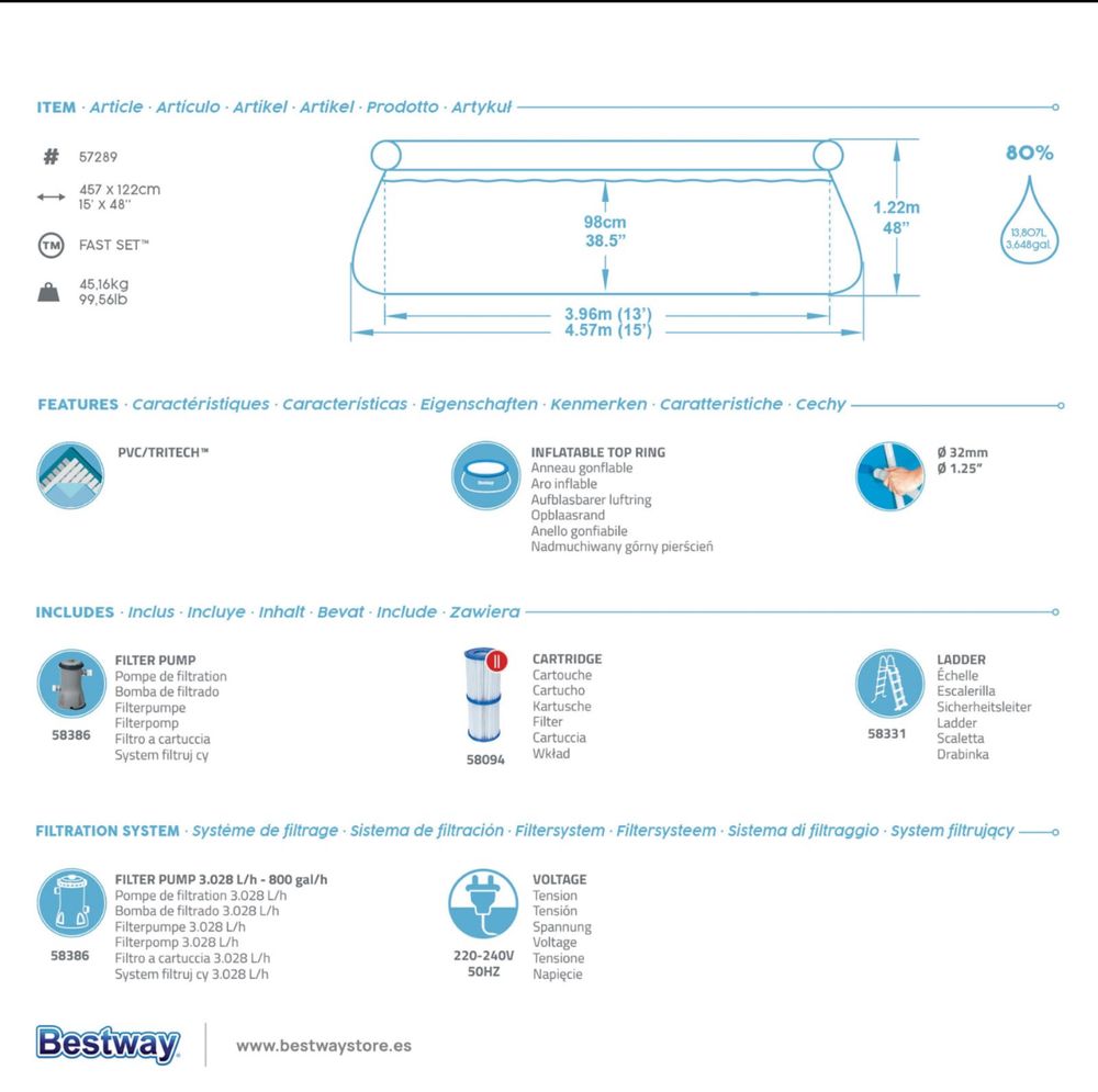 Piscina Insuflável Redonda Bestway® Fast Set™ de 4,57 m x 1,22 m