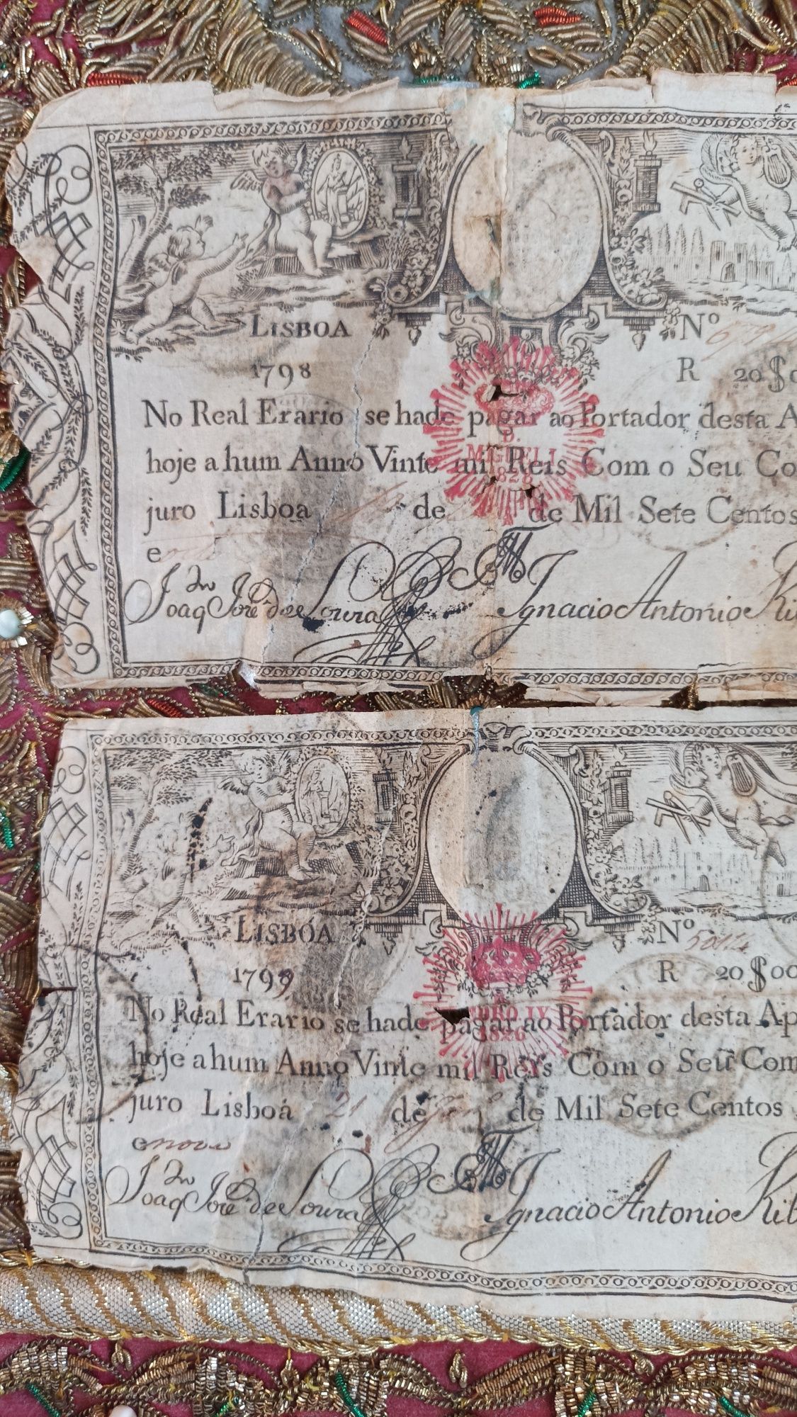 2 apólices 20.000 reis real erário 1798 carimbos D.miguel e D.pedro