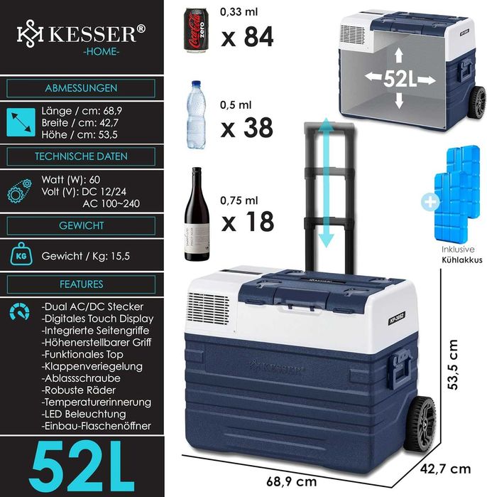 Lodówka turystyczna zamrażarka kompresorowa 52l 12V/230V USB KESSER