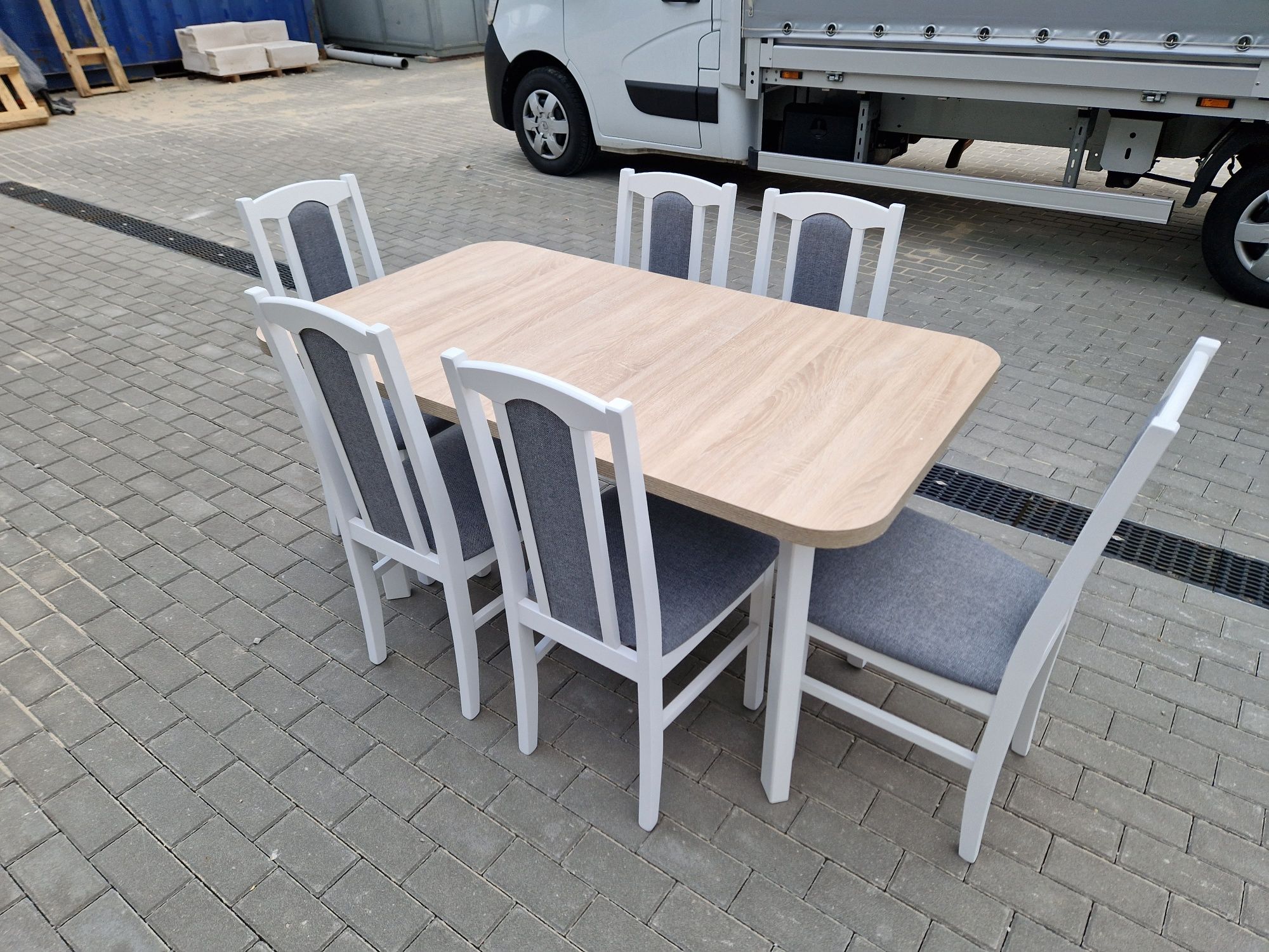Stół 80x140/180 + 6 krzeseł, biały/sonoma + szary ,dostawa cała POLSKA