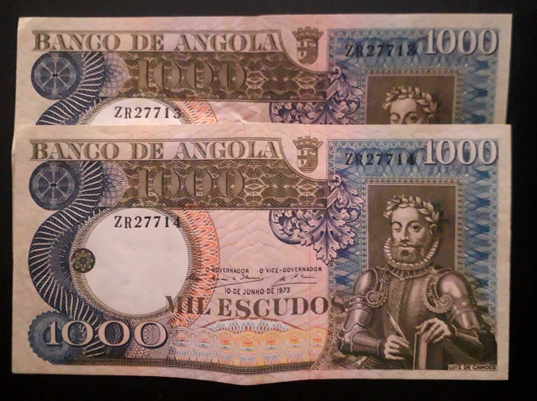 2 Notas Sequenciais 1.000$ do Banco de Angola - Luis de Camões 1973