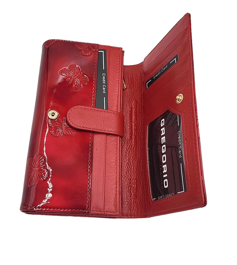 Duży portfel damski skórzany GREGORIO czerwony lakier motyle