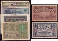 Niemcy, banknoty zestaw 20-1000 marek 1908-22 (6 szt.)