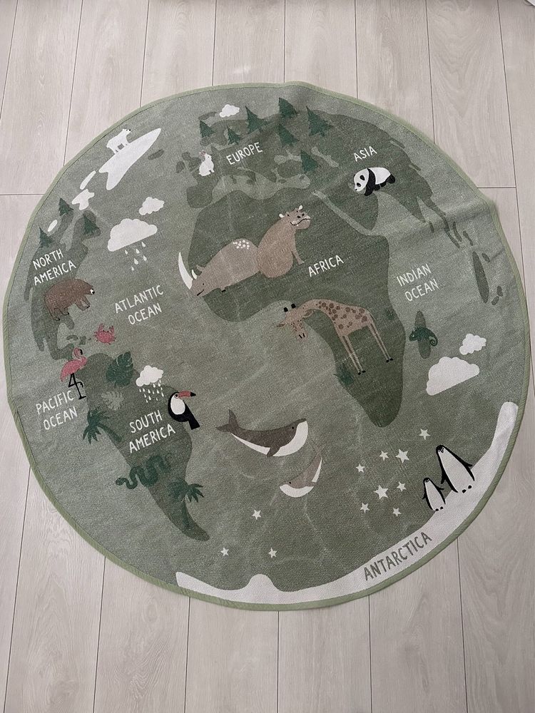 H&M Home chodnik dziecięcy okrągły 130cm bawełniany mapa zwierzęta