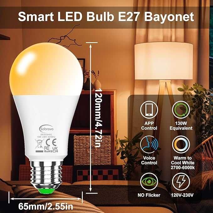 3x Inteligentna Żarówka LED E27 13W, ściemniana, Bluetooth, Aplikacja