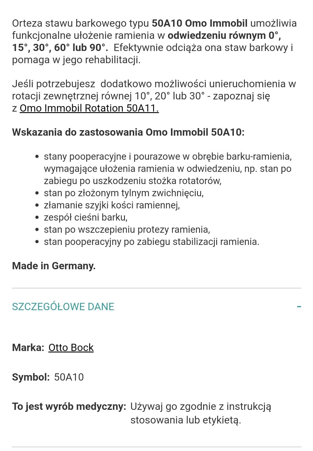 ORTEZA Aparat ortopedyczny odwodzący bark Otto Bock Omo Immobil 50A10