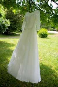 Piękna suknia ślubna, gipiura, rustykalna, rozmiar 36