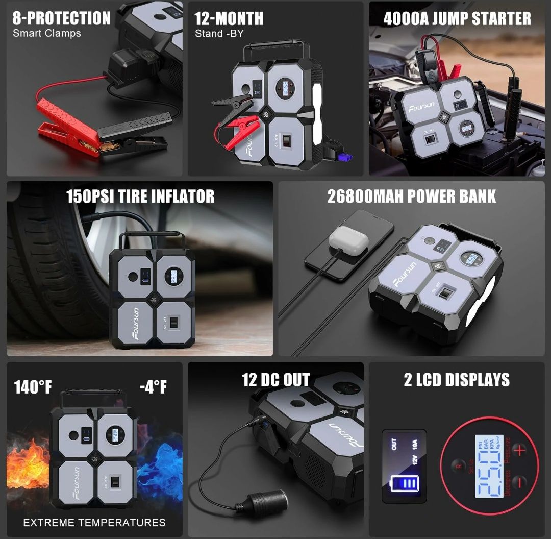 Booster Para carro 26800mAh 4000a 4 em 1 com Compressor de Ar sem Fios