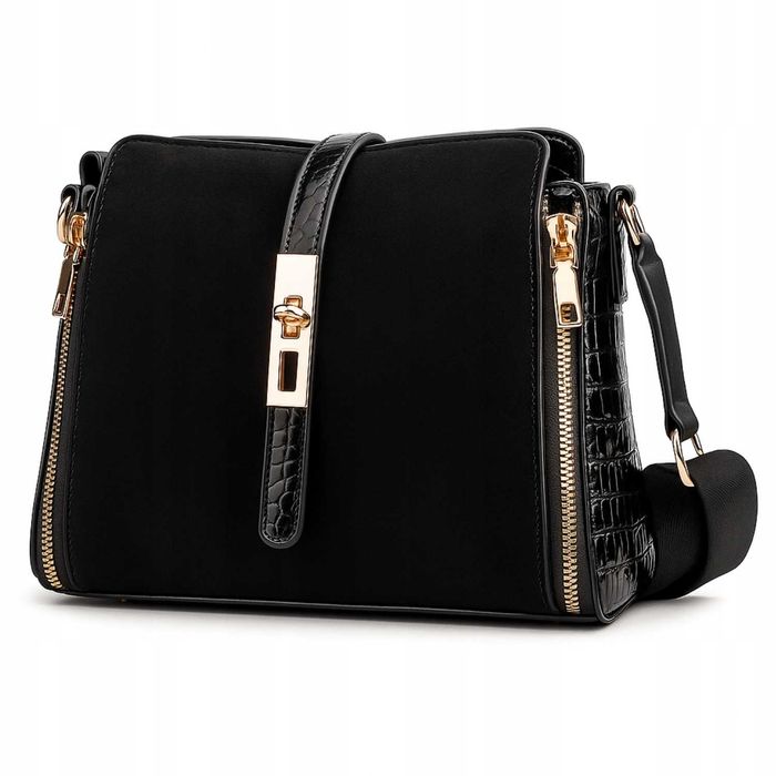 Listonoszka Damska Czarna Elegancka Torebka na Ramię Skóra Eko Zamsz