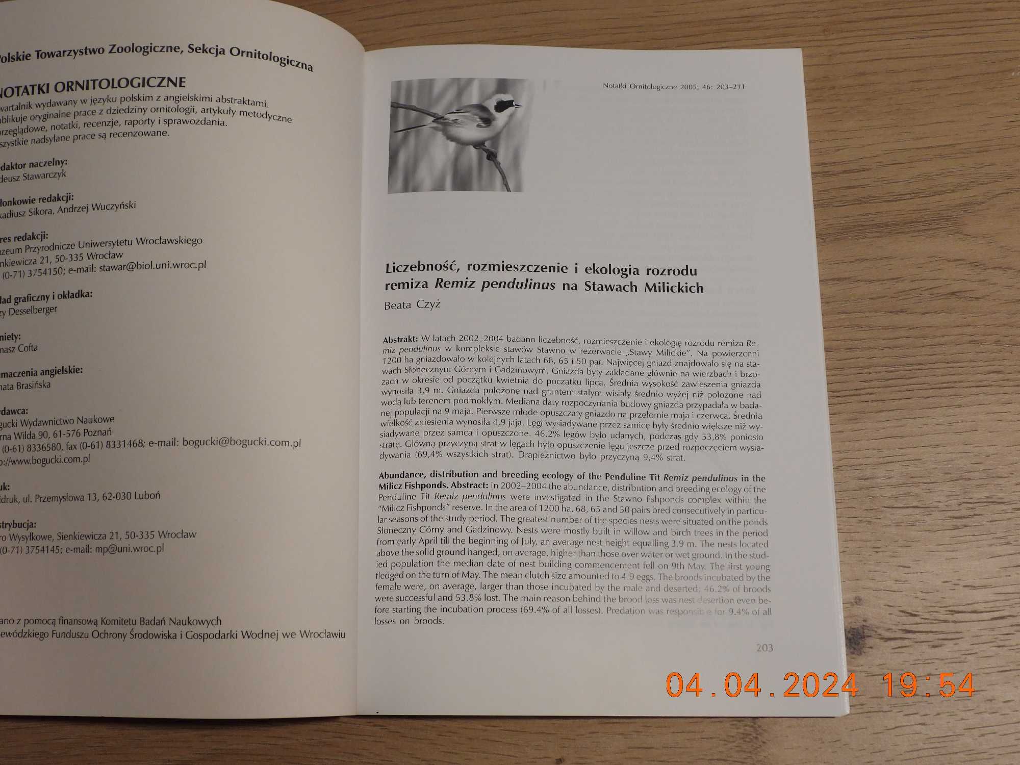Notatki Ornitologiczne -Tom 46,  zeszyt 4 , 2005