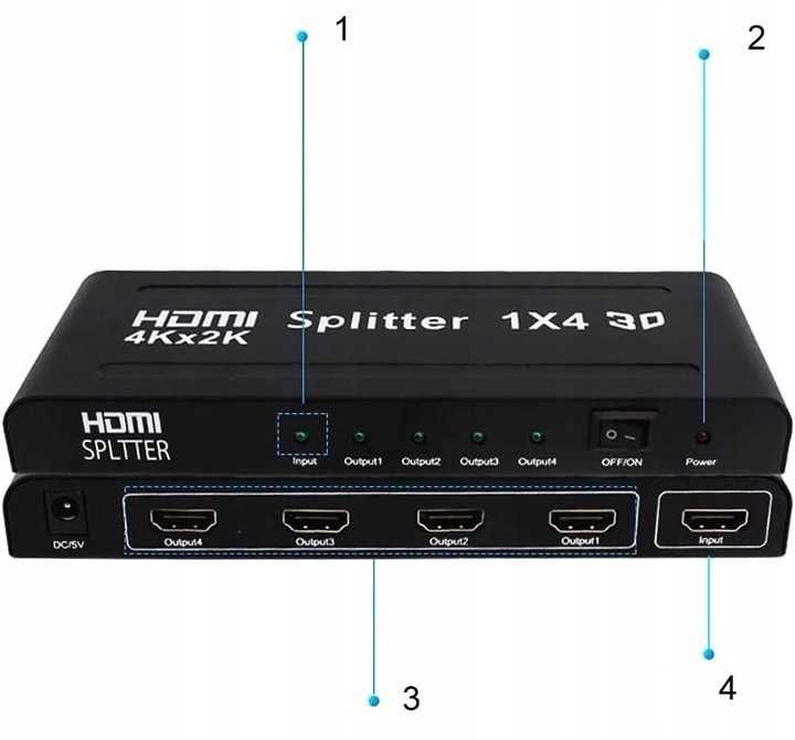 Splitter HDMI 1 x 4 4K 2K 3D FullHD Rozdzielacz HDCP 2.2 1x4