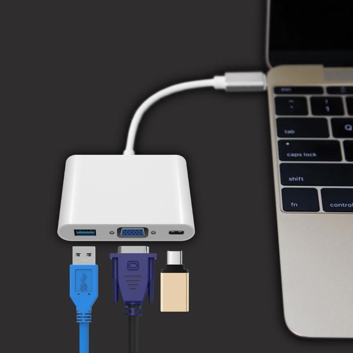 Переходник Адаптер Type-C to VGA, USB-3.0, Type-C мама (для зарядки)