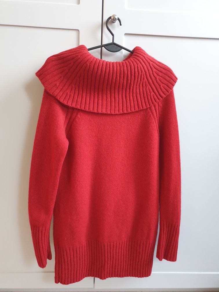 Czerwony sweter tunika z golfem kołnierzem Wallis 36 38 wełniany
