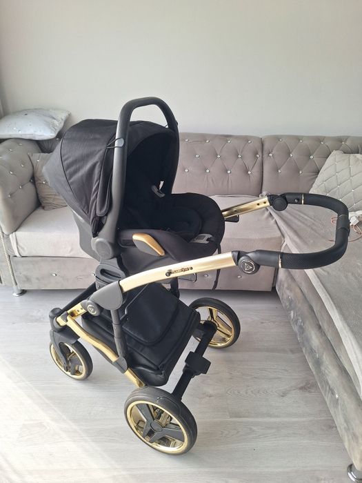 Wozek 3w1 4w1 Junama diamond fluo line  V2 czarny czarno zloty ekoskór