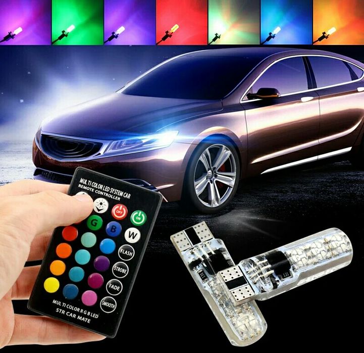 Лампа T10 Габари́ты RGB w5w T10 + пульт + стробоскоп безцокольная РГБ