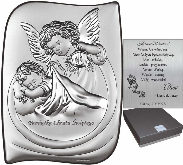 Srebrny Obrazek Aniołek Pamiątka Chrztu Grawer Dedykacja Anioł Stróż