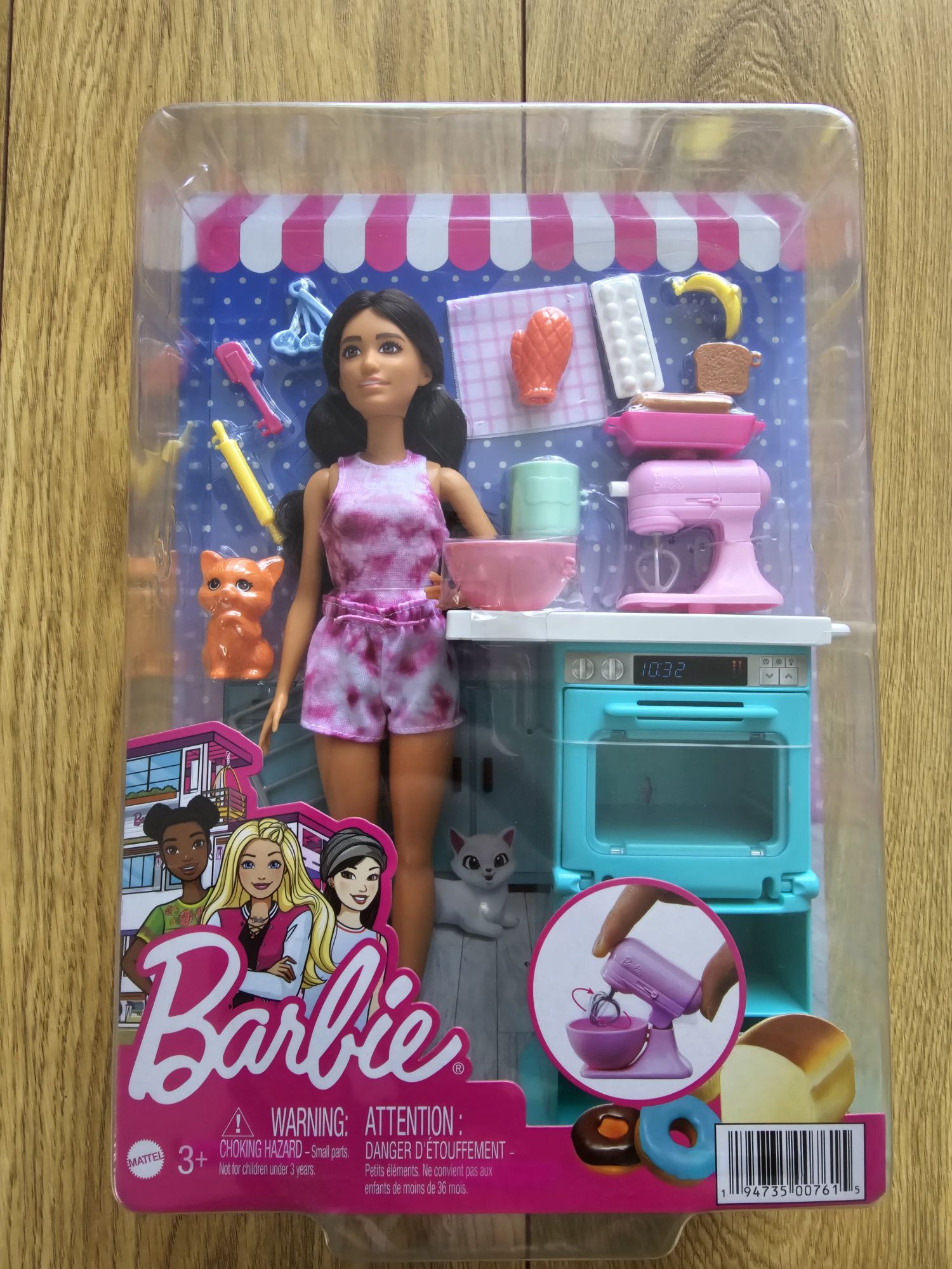 Nowa Lalka Barbie z kotkiem w kuchni gotuje zestaw mikser piekarnik