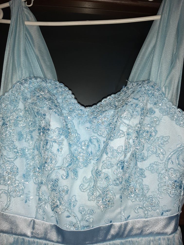 Sukienka błękitna balowa cekiny koronka 38 M