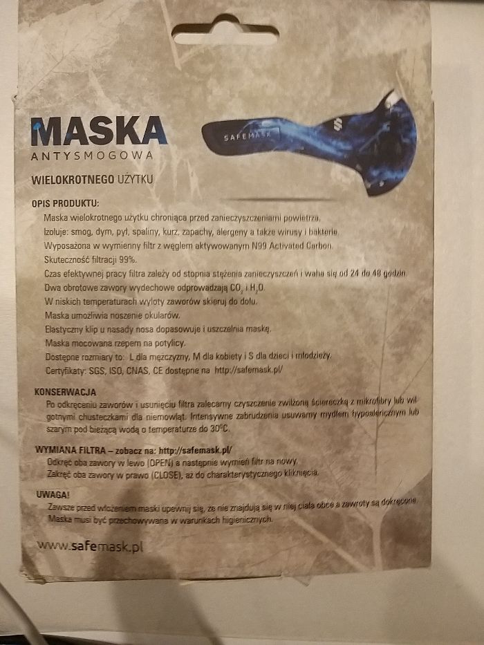 Maska antysmogowa SAFEMASK rozmiar M