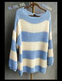 Sweter unisex oversize XL 2XL 3XL niebieski kremowy biust 80x2 paski