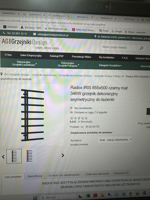 Grzejnik lazienkowy nowy Radox Iris 855x500 czarny mat,asymetryczny