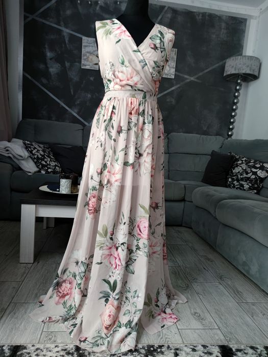 Długa maxi suknia sukienka wizytowa elegancka w kwiaty 40 l śliczna
