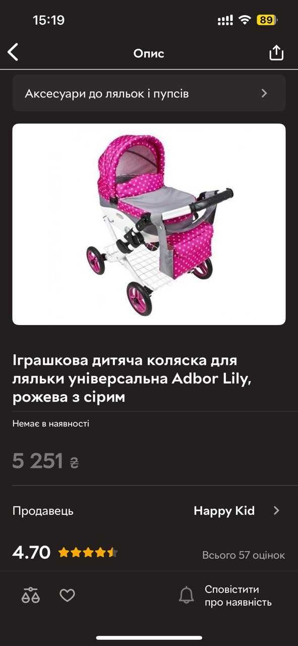 Іграшкова дитяча коляска для ляльки універсальна Adbor Lily