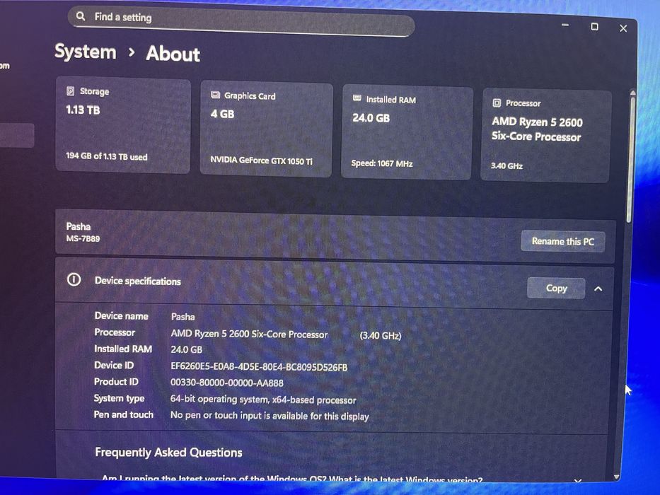 Ігровий ПК Ryzen 5 2600 / GTX 1050 Ti 4GB / 24GB RAM / 240 SSD 1TB HDD