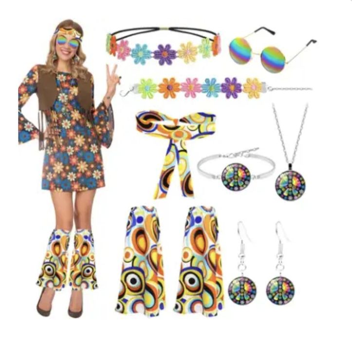 Strój przebranie hipisowski 60 70 damski rękawy nóg akcesoria hallowee