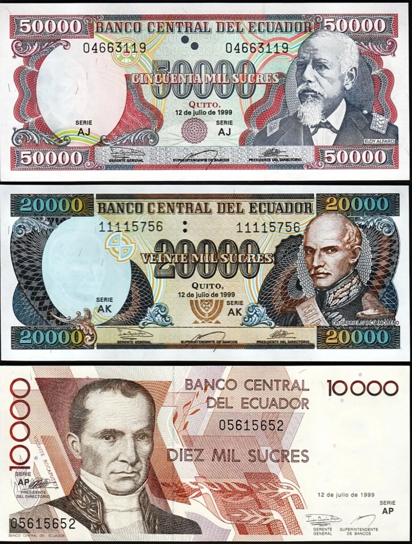 Ecuador 3 Pcs SET, 10000, 20000, 50000 Sucres 1999, UNC, P-128, 129, 1