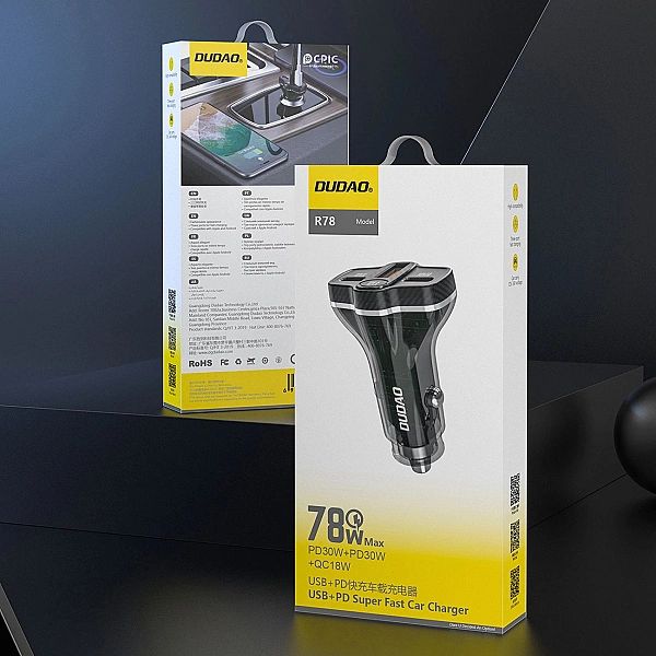 Ładowarka samochodowa Dudao R78/78W USB-C PD / 2xUSB-A QC - czarna