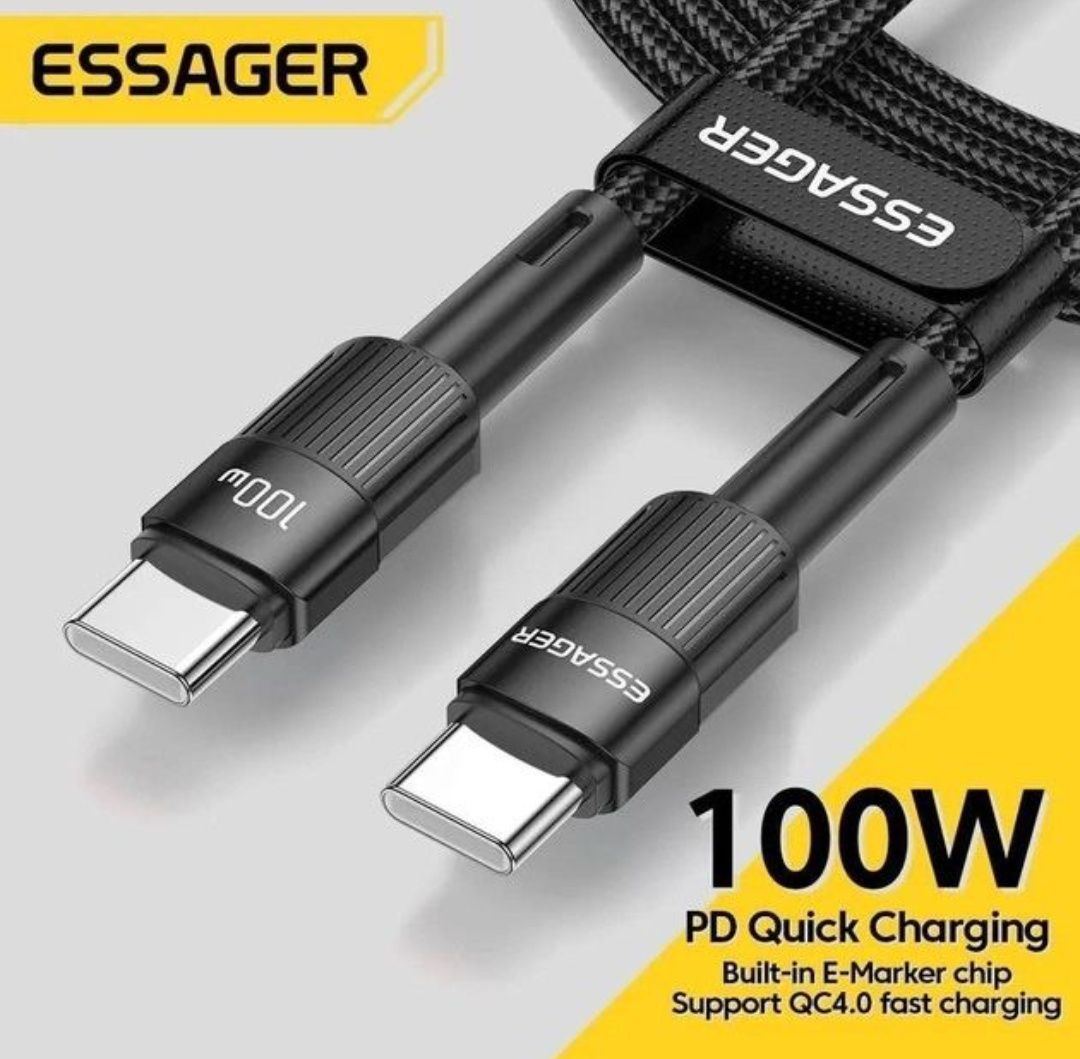 Кабель Essager Type-C PD 100W 1m Apple Android Fast Charge Black Швидк