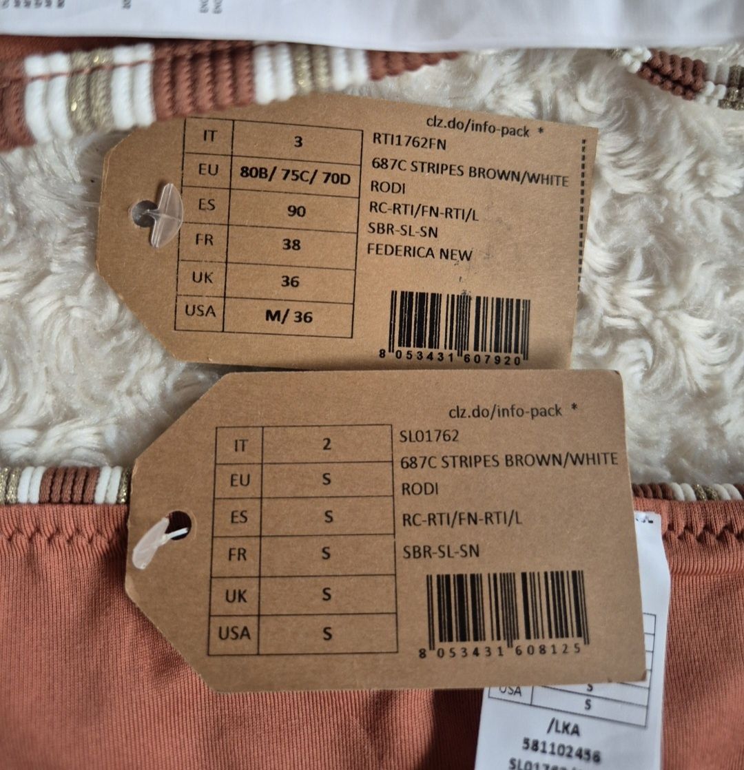 Kostium kąpielowy Calzedonia S 80A/75B/70C brązowy biały złoty paski